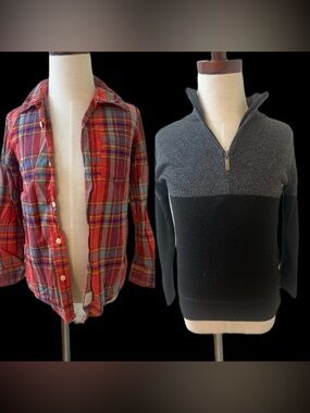 Two-Piece Casual Set: Red Plaid Shirt + Black & Gray Half-Zip Sweater